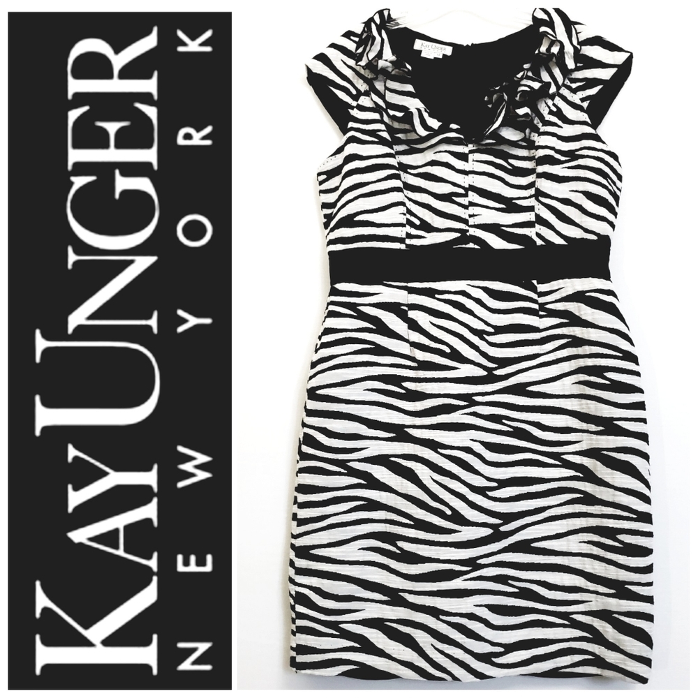 Kay Unger Black/White Zebra Print Ruffled V Neckline Cap Sleeve Sheath Dress